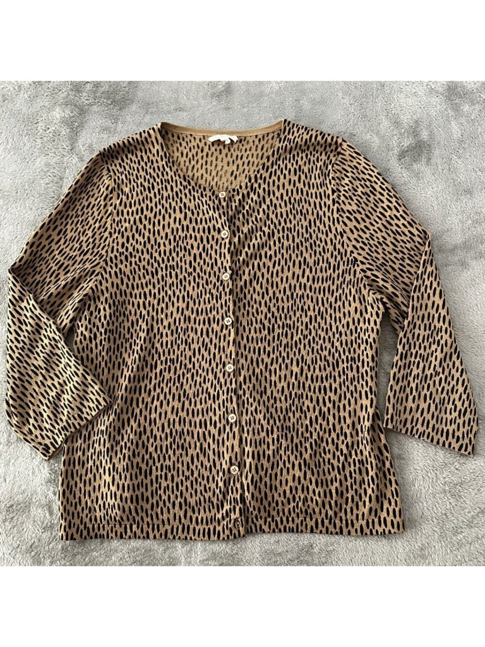 Garnet Hill 100% Merino Wool Sweater Cardigan XL Animal Print Tan Brown